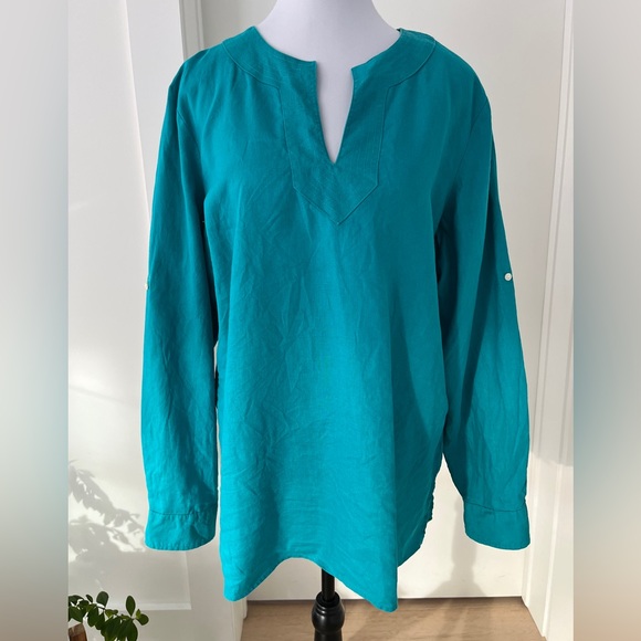 Lauren Ralph Lauren Tops - LAUREN RALPH LAUREN 100% Linen Tunic Pullover Roll Tab Sleeve Split Neck Coastal